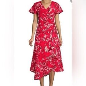H by HALSTON Red Blossom Asymmetrical Wrap Dress size Medium